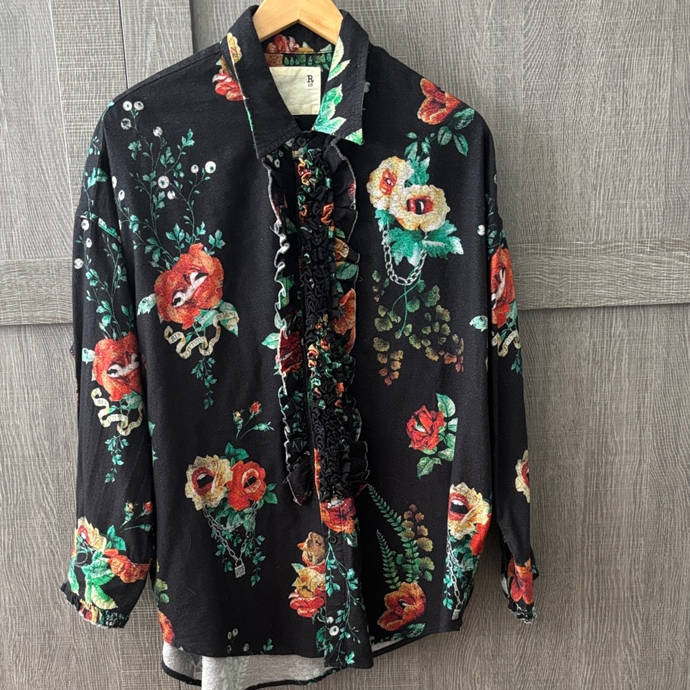 R13 Black Floral Ruffle-Front Button-Down Blouse